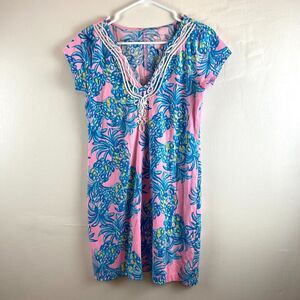 Lilly Pulitzer Brewster Dress Sink or Swim Blue Pink Coral Cotton Small S Resort